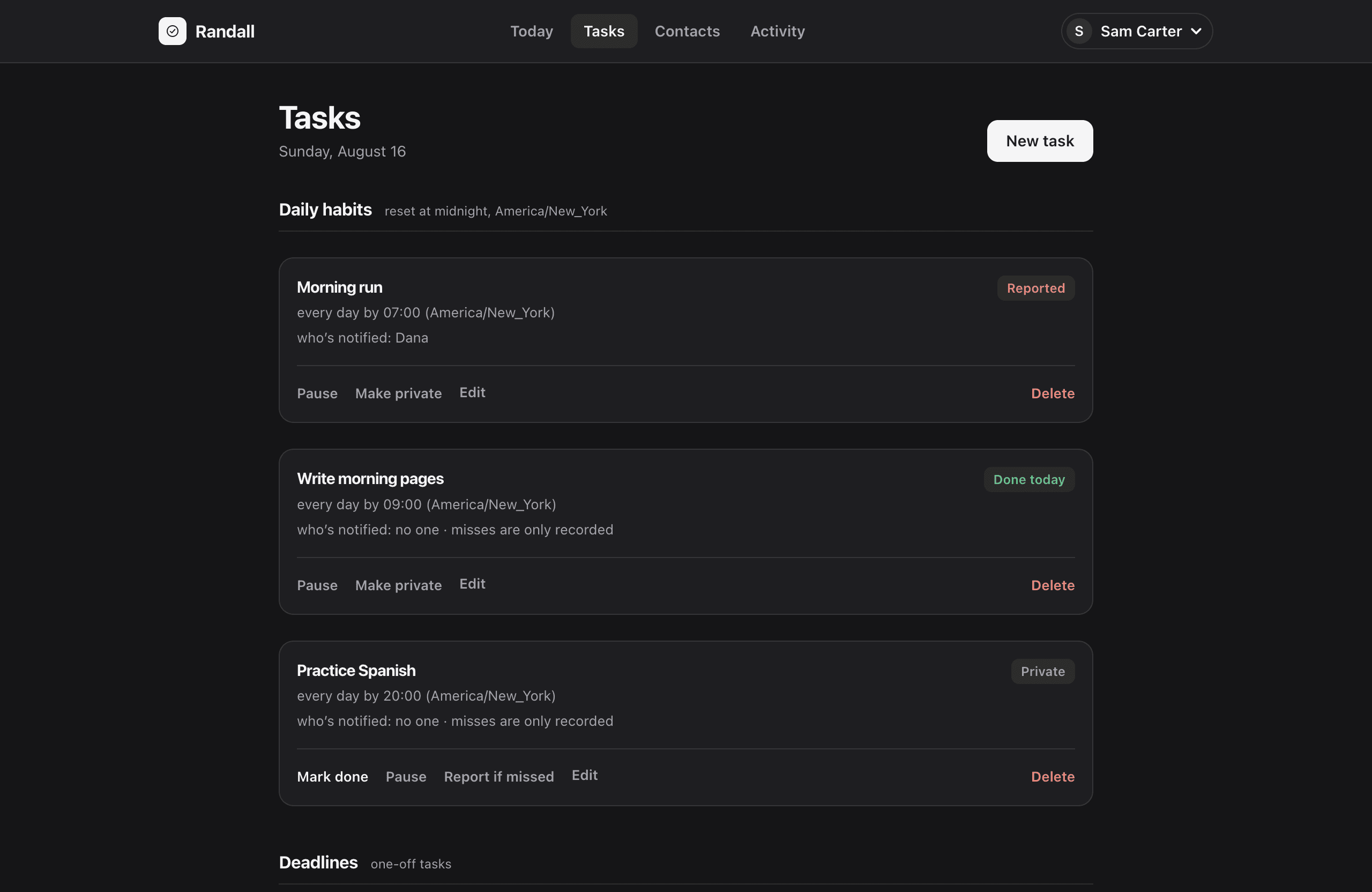 The Tasks list, grouped into daily habits, deadlines, and done