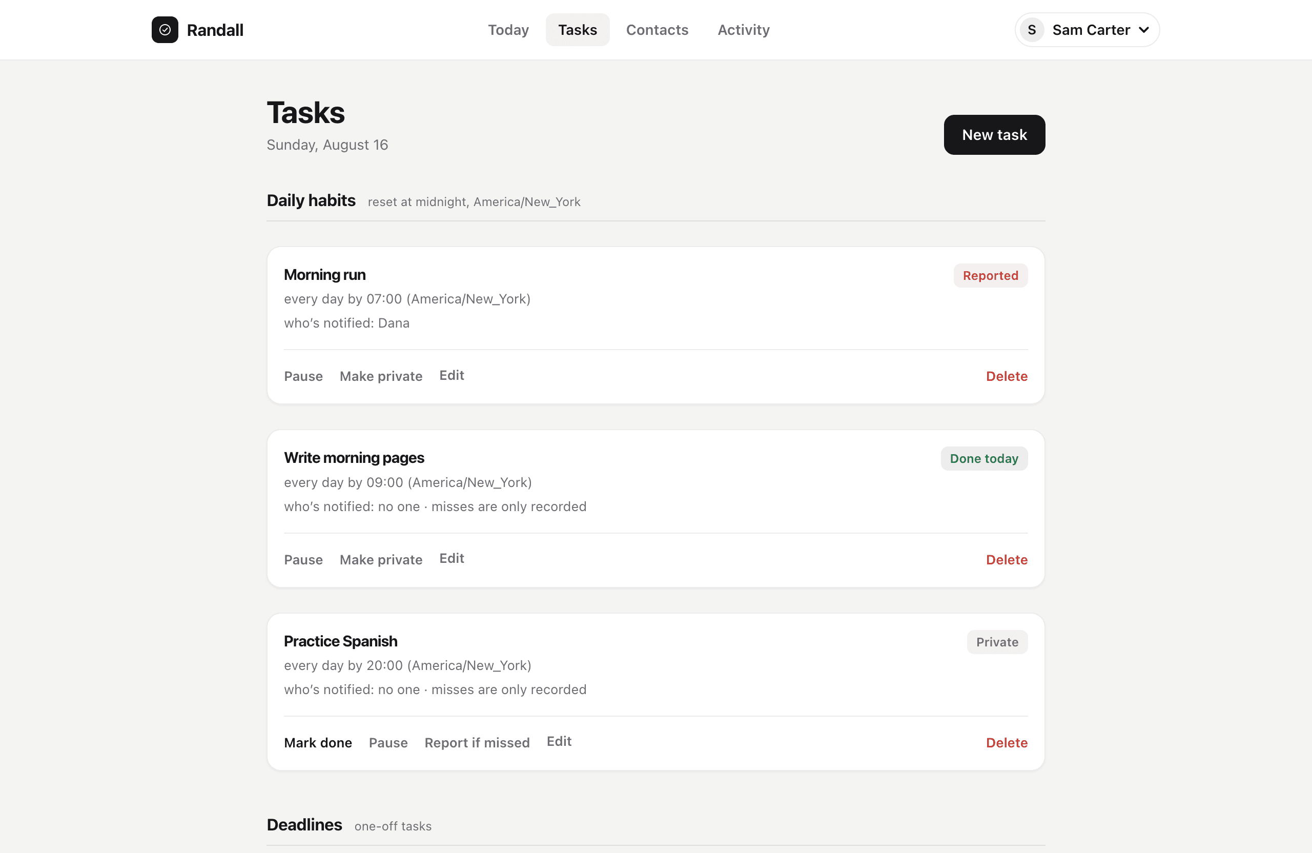 The Tasks list, grouped into daily habits, deadlines, and done